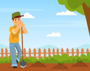 Çiftçi adam çiftlik karikatürü çizimlerinde kürekle toprağı kazıyor.