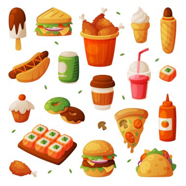 Pişmiş Hamburgerle Fast Food Öğle Yemeği, Hot Dog, Maki ve Kızarmış Tavuk Bacağı Vektör Seti. Toplu üretim Hızlı Yemek ve Atıştırmalık Yemeye Hazır Kavramı