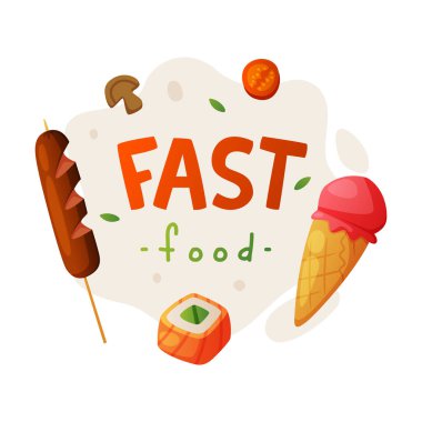 Fast Food with Skewered Grilled Sausage, Ice Cream in Waffle Cone and Maki Vector Composition. Mass-produced Quick Meal and Ready to Eat Snack Concept clipart