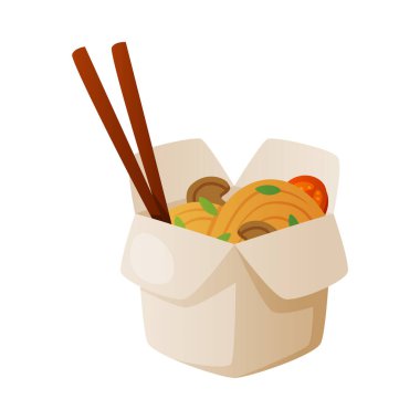 Fast Food Öğle Yemeği Vektörü İllüstrasyonu olarak Çin Wok Noodles in Carton ve Chopsticks. Toplu üretim Hızlı Yemek ve Atıştırmalık Yemeye Hazır Kavramı