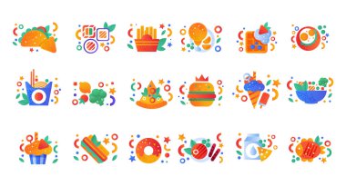 Fast Food Atıştırmalık ve Lezzetli Nesne Parlak Düz Element Bileşimi Ayarları. Suşi, patates kızartması, erişte, pizza, hamburger, dondurma ve çörek ile aperatif yiyecekler.