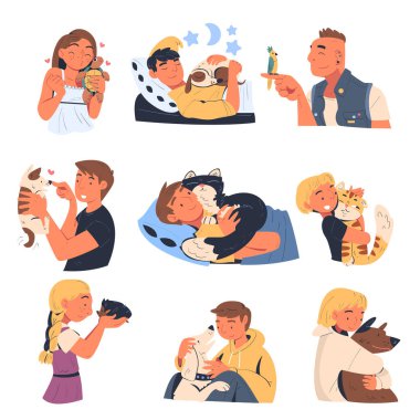 Sevdikleri Evcil Hayvanları Kucaklayan ve Onları Seven Vektör İllüzyon Seti 'yle İnsanlar Karakterleri. Erkek ve Kadın Hayvan Arkadaşlarıyla Birlikte