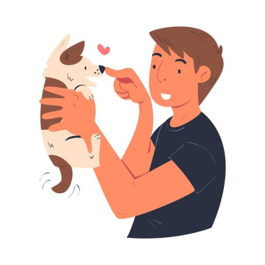 Genç Adam, en sevdiği köpek yavrusu hayvan vektör illüstrasyonuyla oynuyor. Erkek ve Hayvan Arkadaşı