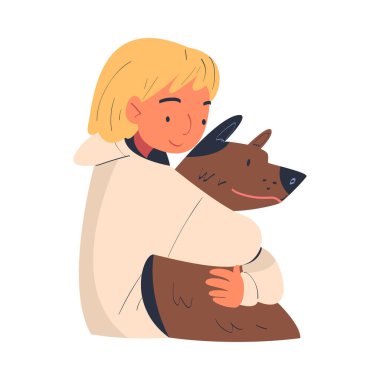 Genç Kadın Karakter Favori Köpek Hayvan Vektörü İllüzyonunu Kucaklıyor. Dişi ve Hayvan Arkadaşı