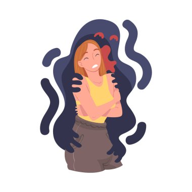 Young Woman Feeling Anger and Malice Grasped by Dark Inner Monster Vector Illustration. Wicked Female Engulfed with Evil Emotion Concept clipart