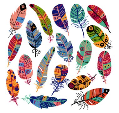 Parlak renkli tüy koleksiyonu. Kabarık tüyler düşen kuşlar, yumuşak tüylü çizgi film vektör çizimi