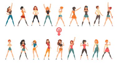 Gösteride yumrukları havada duran kadın protestocular. Ayrımcılığı protesto eden kızlar. Kadınlar beyaz üzerine izole edilmiş çizgi film vektör çizimine karşı koyuyorlar