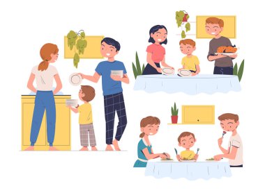 Aile Mutfakta Yemek ve Masa Vektörü Seti 'nde Akşam Yemeği. Çocuklu Ebeveynler Evde Mutfaktan Hoşlanıyor