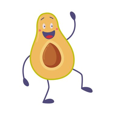 Komik Avokado El sallayan Karakter ve Gülümseyen Vektör Çizimi. Taze İnsanlaştırılmış Bahçe Sulu Meyve Suyu Keyifli Hayat Konsepti