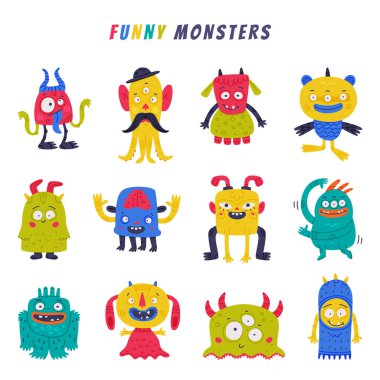 Boynuzlu ve dişlek ağız vektör setli komik canavar. Çizgi Roman Canavarı ve Fantastik Yaratık Durma ve Gülümseyen Kavram