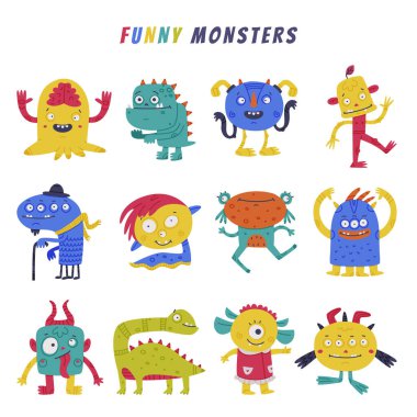 Boynuzlu ve dişlek ağız vektör setli komik canavar. Çizgi Roman Canavarı ve Fantastik Yaratık Durma ve Gülümseyen Kavram