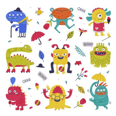 Boynuzlu ve dişlek ağız vektör setli komik canavar. Komik Yaratık ve Fantastik Yaratık Eğlence Konsepti