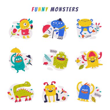 Dişlek Ağzı ve Boynuzları Yuhalayan Komik Canavar ve Şemsiye Vektör Seti. Komik Yaratık ve Fantastik Yaratık Eğlence Konsepti