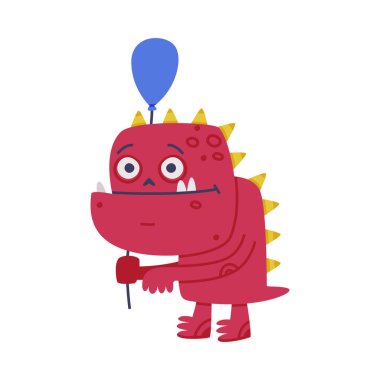 Dişlek Ağızlı Komik Kırmızı Boynuzlu Canavar Oyuncak Balon Taşıyıcı İllüzyonu. Komik Yaratık ve Fantastik Yaratık Eğlence Konsepti