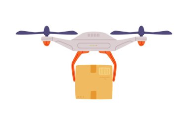 Drone Gelecek Teknoloji Cihazı Vektör İllüzyonu olarak Karton Paket Teslim Ediyor. Yenilik Geliştirme ve Makine Mühendisliği