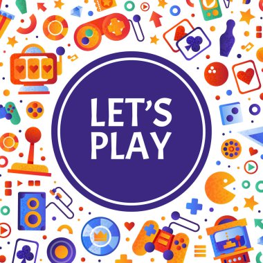 Game and Entertainment Object Design with Gamepad and Cards Vector Şablonu. Eğlence ve Oyun Eğlencesi