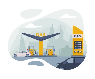 Benzin İstasyonu Görünümü Motorlu Taşıt Vektörü İllüstrasyonu için Yakıt Satma Kolaylığı Görünümü. Taşımacılık Konsepti Benzin İstasyonu ve Yol Servisi