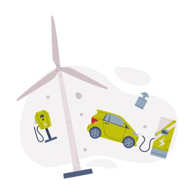 Otomobil Vektörü Bileşimli Motorlu Araç Yakıtı Tesisi olarak Elektrik Doldurma İstasyonu. Taşımacılık Konsepti Benzin İstasyonu ve Yol Servisi