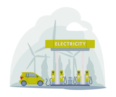 Motorlu Taşıt Vektörü İllüstrasyonu için Rüzgâr Üreticili Elektrik Doldurma İstasyonu. Taşımacılık için Yol Servisi Yükleniyor