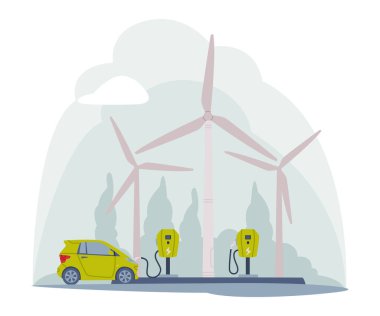 Motorlu Taşıt Vektörü İllüstrasyonu için Rüzgâr Üreticili Elektrik Doldurma İstasyonu. Taşımacılık için Yol Servisi Yükleniyor