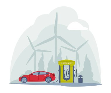 Motorlu Taşıt Vektörü İllüstrasyonu için Rüzgâr Üreticili Elektrik Doldurma İstasyonu. Taşımacılık için Yol Servisi Yükleniyor