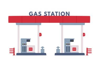 Motorlu Araç Vektör Resimleri İçin Yakıt Deposu Tesisi Olarak Benzin Doldurma İstasyonu. Taşımacılık Konsepti Benzin İstasyonu ve Yol Servisi