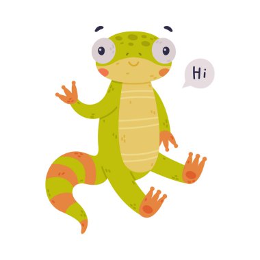 Funny Green Gecko Character Sitting and Waving Paw Saying Hi Greeting Vector Illustration. Cute Carnivorous Lizard and Reptile Creature clipart