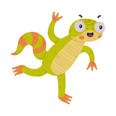 Şişkin Gözler Koşan Vektör Çizimi ile Komik Yeşil Gecko Karakteri. Şirin Etçil Kertenkele ve Sürüngen Yaratık