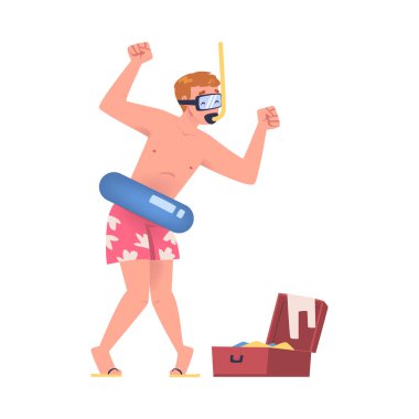 Şnorkel maskeli ve can simidi olan mutlu bir adam yaz tatilinde beyaz arka planda izole edilmiş vektör çizimi olan bir turist.