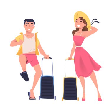 Bavullu mutlu çift yaz tatili gezisine çıkıyor. Beyaz arka planda izole edilmiş vektör çizimi.