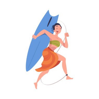 Beyaz arkaplanda izole edilmiş sörf tahtası çizimi olan mutlu kız