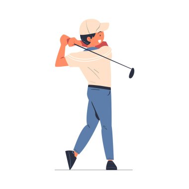 Erkek Karakteri, Kulüp Eğlencesi Etkinlik Vektörü İllüzyonu ile Golf oynuyor. Genç Erkek Oyuncu Spor Oyununa Başladı