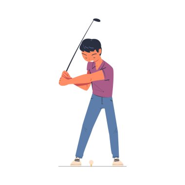 Erkek Karakteri, Kulüp Eğlencesi Etkinlik Vektörü İllüzyonu ile Golf oynuyor. Genç Erkek Oyuncu Spor Oyununa Başladı