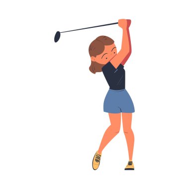 Kadın Karakter, Kulüp Eğlencesi Etkinlik Vektörü İllüzyonu ile Golf oynuyor. Genç Bayan Oyuncu Spor Oyununa Bağlandı