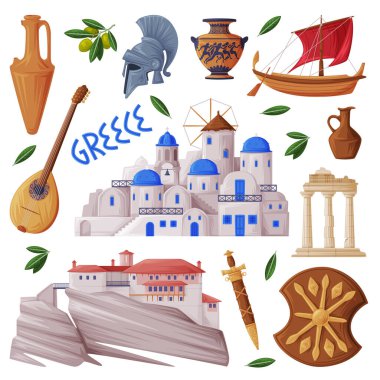 Yunanistan Kutsal Üçleme Manastırı, Gladyatör Miğferi ve Santorini Şehir Vektör Kümesi ile Nesne ve Geleneksel Kültür Sembolü. Yerel Yunan Tarihi Eserleri ve Ülke Özniteliği