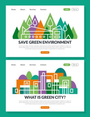 Çevre dostu inşaat vektörü şablonu ile Green City İniş Sayfası. Ekolojik İnşaat ve Temiz Şehir Mimarisi Sayfası