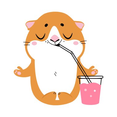 Beyaz arka planda izole edilmiş saman çizgi film vektör illüstrasyonuyla meyve suyu içen sevimli küçük kobay faresi.