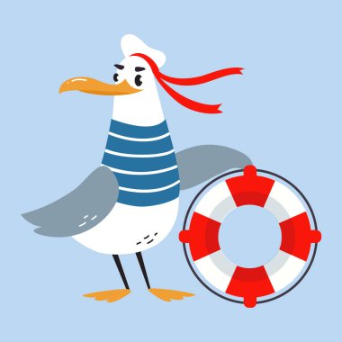 Perdeli Ayaklı Martı Karakteri Çizgili Yelek ve Lifebuoy Vektör Resimli Şapka Giyiyor. Komik Martı Denizcisi ya da Denizci Denizcilik Macerası Konsepti