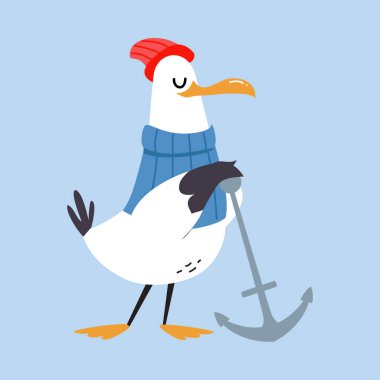 Gull Character with Webbed Feet Wearing Sweater and Hat with Anchor Vector Illustration. Funny Seagull Sailor or Seaman Engaged in Marine Adventure Concept clipart