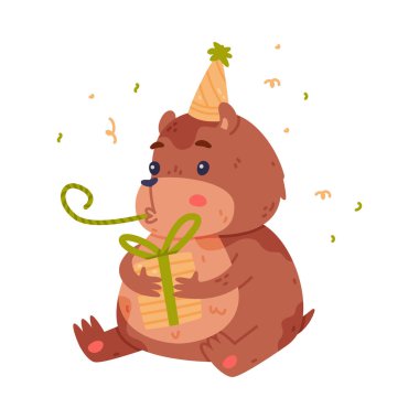 Şişman Vücut Islık Çalan Şirin Hamster Karakteri Doğum günü Şapkası İllüstrasyonunda Hediye Kutusuyla Oturuyor. Güzel Burunlu Komik Kemirgen Hayvanı