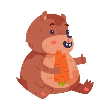 Şişman Vücutlu Sevimli Hamster Karakteri Oturup Havuç Vektörü İllüstrasyonuyla. Güzel Burunlu Komik Kemirgen Hayvanı