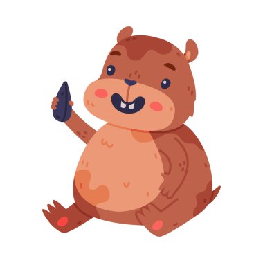 Seed Vector Illustration 'la Oturan Cesur Vücutlu Sevimli Hamster Karakteri. Güzel Burunlu Komik Kemirgen Hayvanı