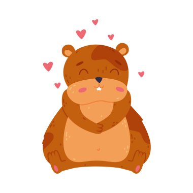 Beyaz arka planda izole edilmiş, uçan kalplerle çevrili şirin, komik, küçük hamsterın ön görüntüsü.