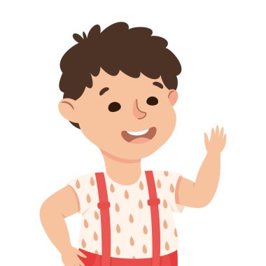 Yükseltilmiş Elle Gülümseyen Vektör İllüzyonu 'yla Mutlu Çocuk. Selamlama Hareketi Konsepti Olarak Dostça El sallayan Küçük Çocuk