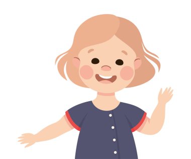 Yükselmiş Elle Gülümseyen Vektör İllüzyonu 'yla Mutlu Küçük Kız. Selamlama Hareketi Konsepti Olarak Arkadaş Canlısı El sallayan Çocuk