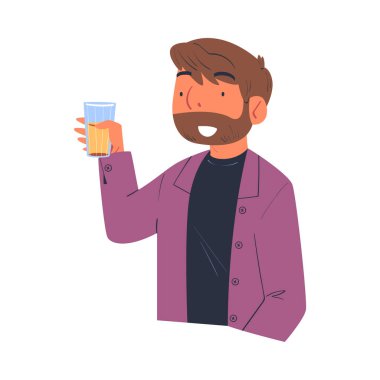 Mutlu Sakallı Adam ve Limonata Kutlama Akşam Yemeği İllüstrasyonunda Oturuyor. Neşeli genç erkek ferahlatıcı içecek ve içeceğin tadını çıkarıyor.