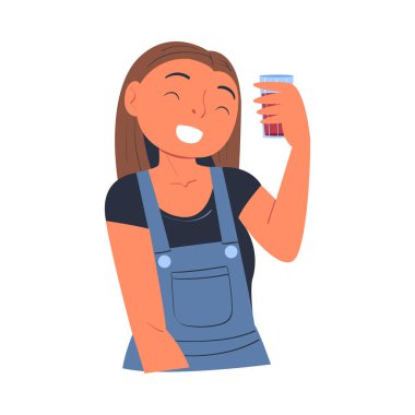 Kutlama Akşam Yemeği İllüstrasyonunda Limonata İçen Mutlu Kadın. Neşeli Genç Bayan Ferahlatıcı İçecek ve İçecek Keyifli