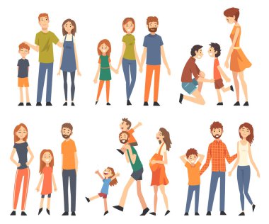 Anne, Baba ve Çocuklarla Birlikte Yürüyerek Zaman Geçiren Mutlu Aile Büyük Vektör Seti. Çocuklarıyla Mutlu Genç Ebeveynler Hafta Sonu Etkinliğinin Keyifli Konsepti
