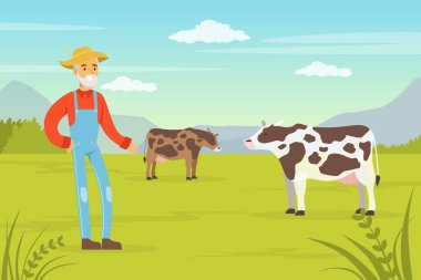 Dungaree 'deki Kıdemli Çiftçi Otlayan İnekler Vektör İllüzyonuyla Tarlada Bekliyor. Genç Erkek Büyüyen Organik Ürün ve Üreme Hayvanları Konsepti