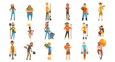 Bahçe Aletleri Ayakta Duran Mutlu Çiftçi ve Gülümseyen Vektör Seti. Neşeli Erkek Tarım ve Husbanlık 'ta Meşgul